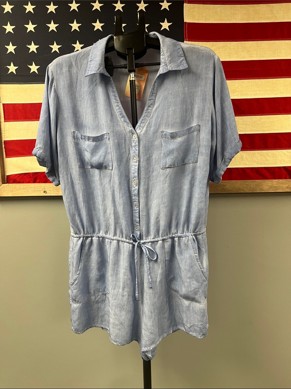 Light Blue Button-Front Drawstring Tunic Romper